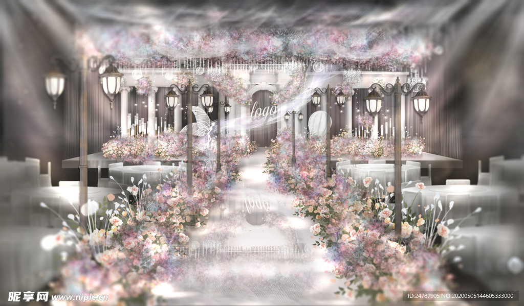 梦幻粉蓝欧式拱门婚礼效果图