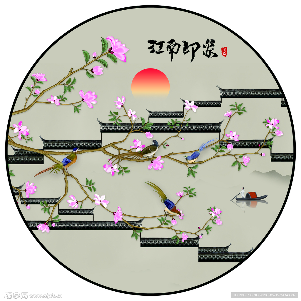 马头墙手绘玉兰花鸟装饰画