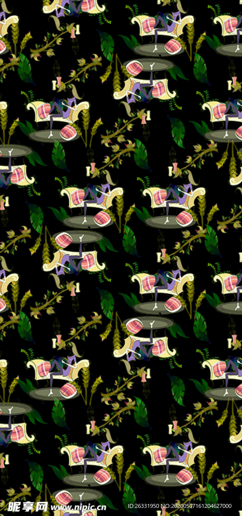 数码印花黑色底蓝黄树叶美女沙发