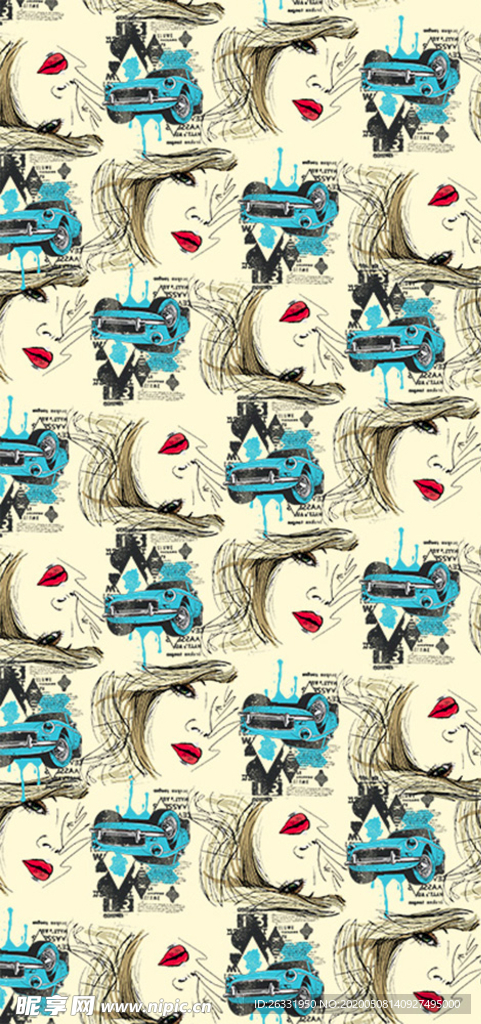 数码印花淡黄底红唇美女蓝色车