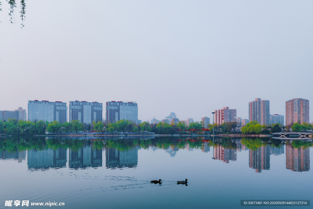 清晨雾中的城市水面倒影
