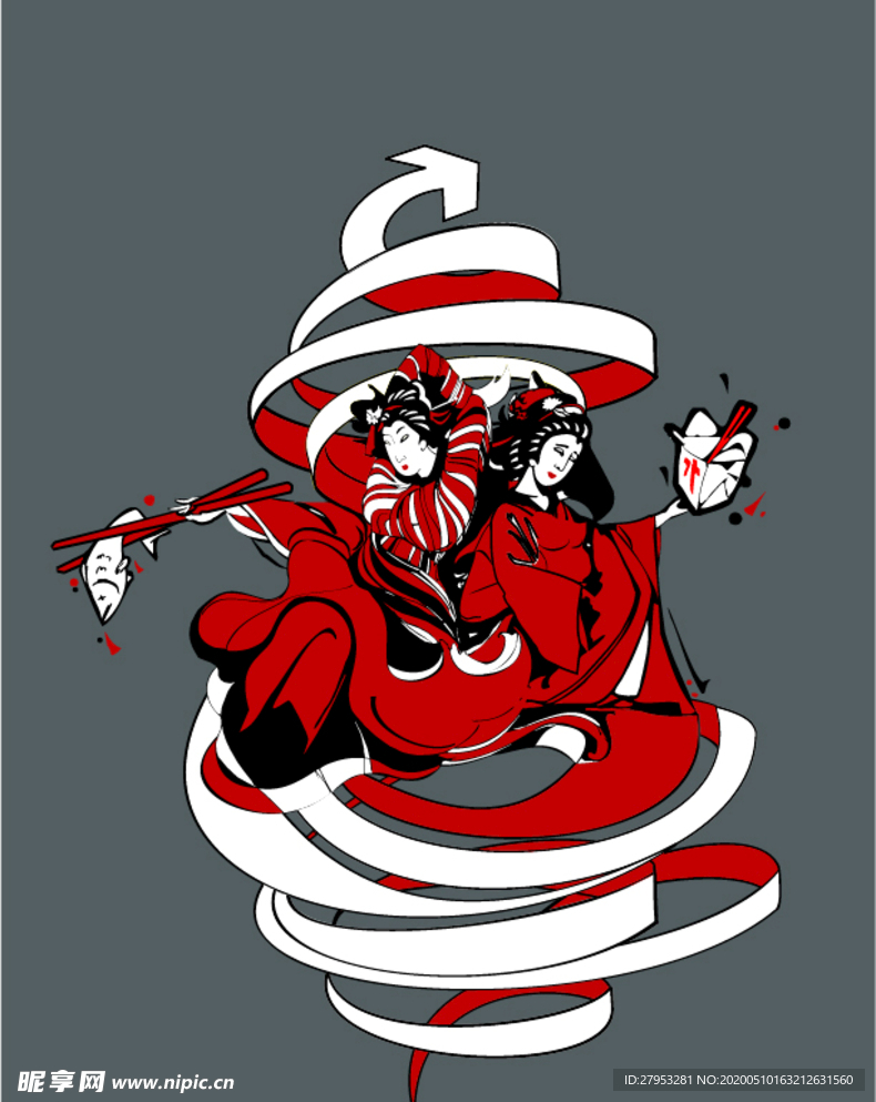 日本风情元素红白和服女人物面具