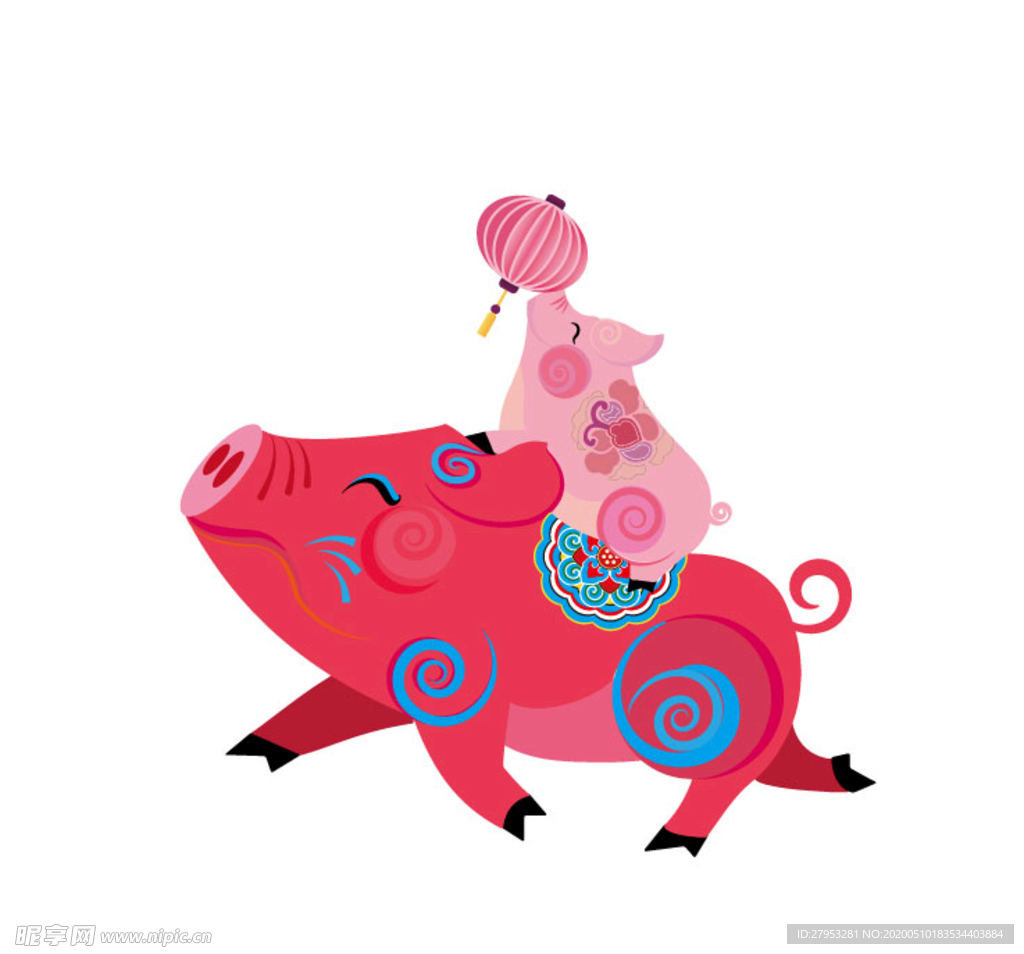 动漫卡通猪彩色灯笼矢量素材