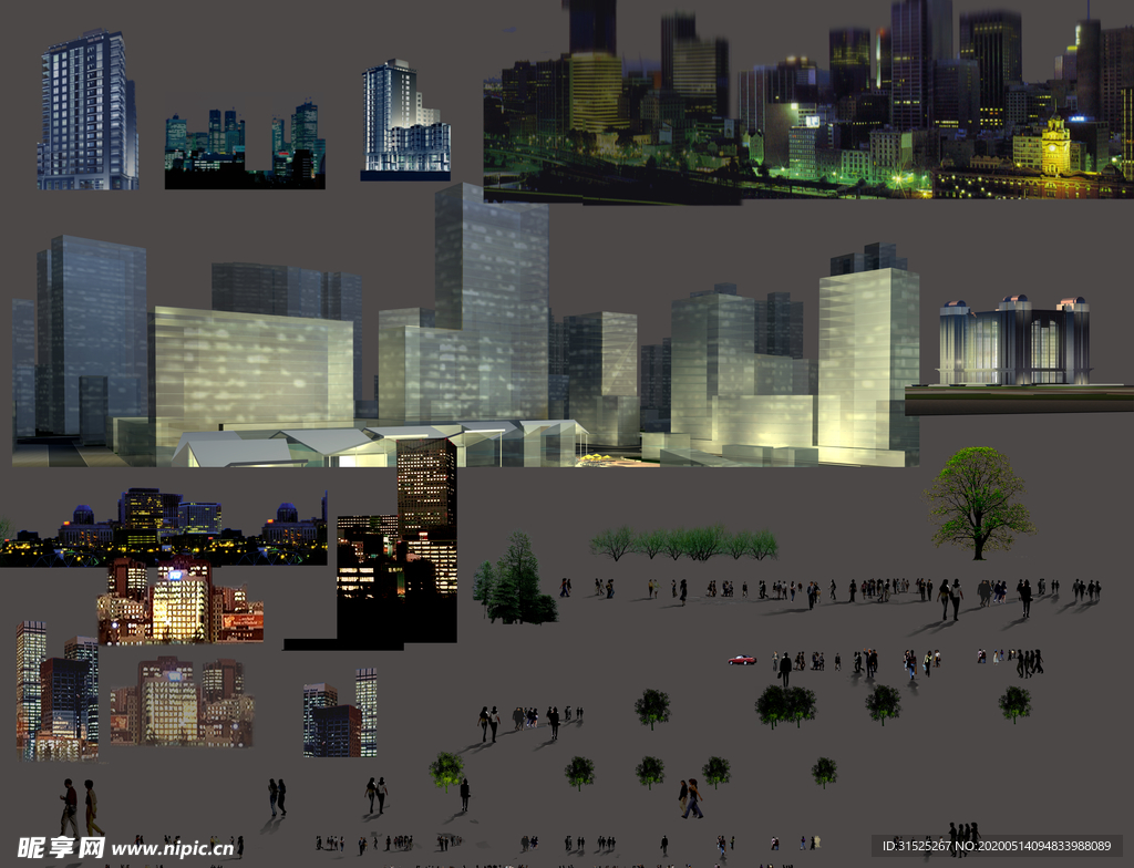 建筑背景素材夜景人物亮化树