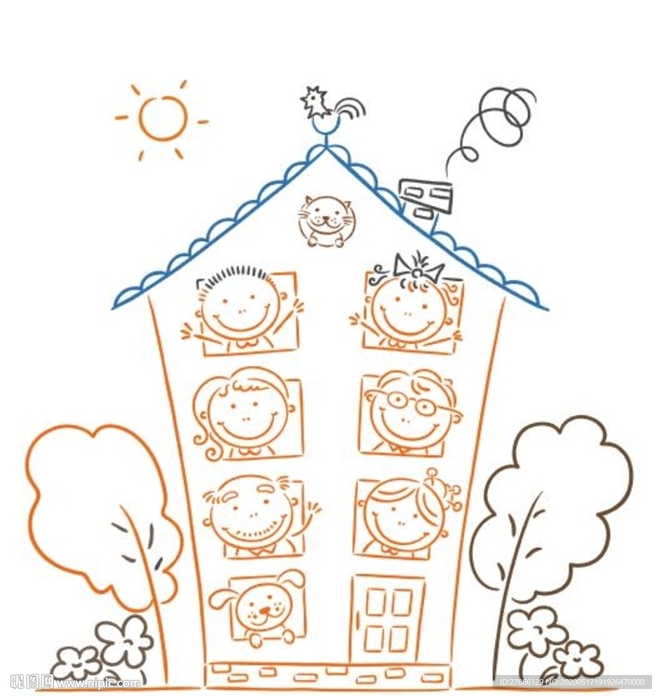 手绘矢量卡通儿童房屋树木插画素