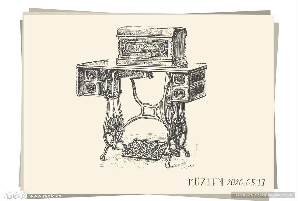 欧式复古缝纫机素描画