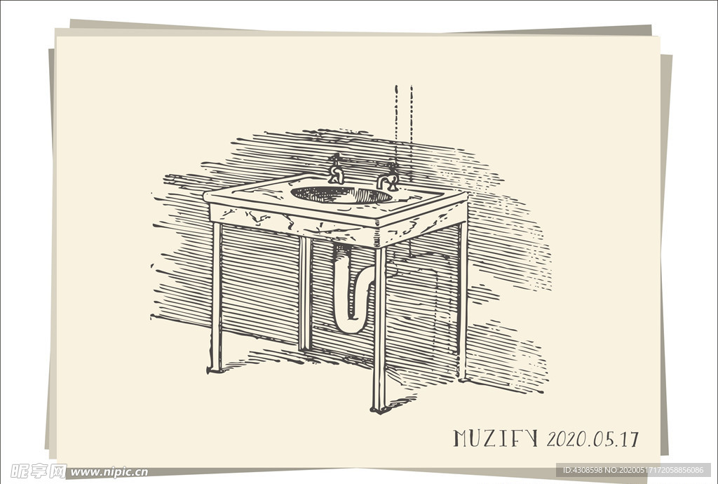 欧式复古洗手台素描画