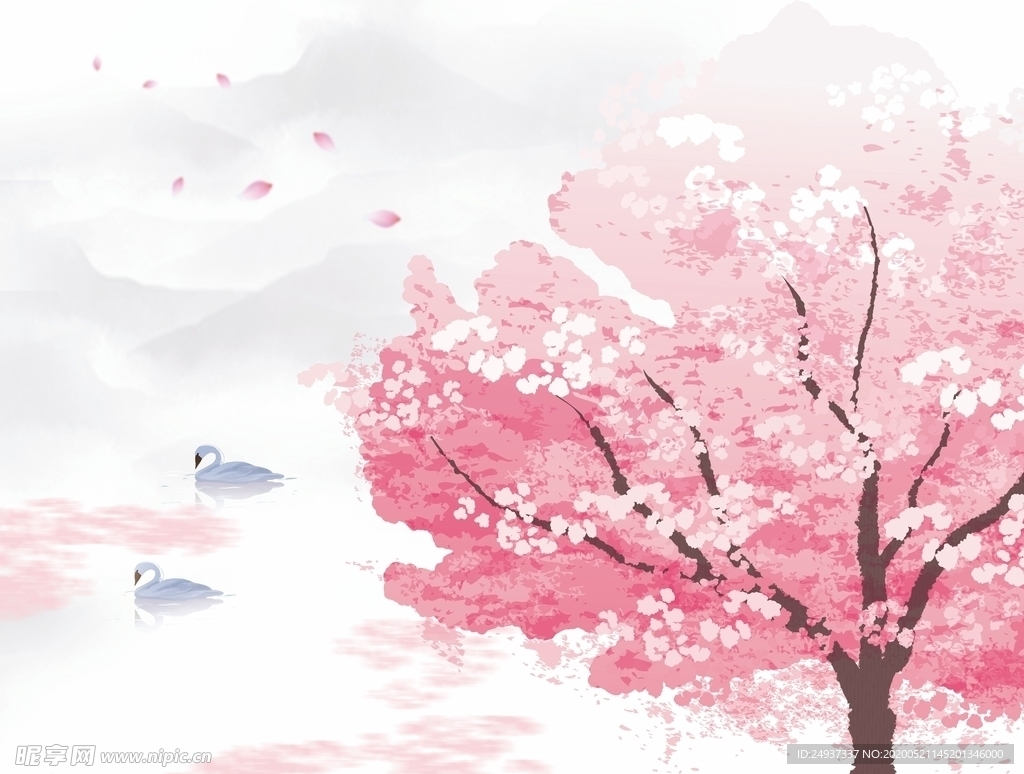 唯美浪漫樱花背景 插画墙绘