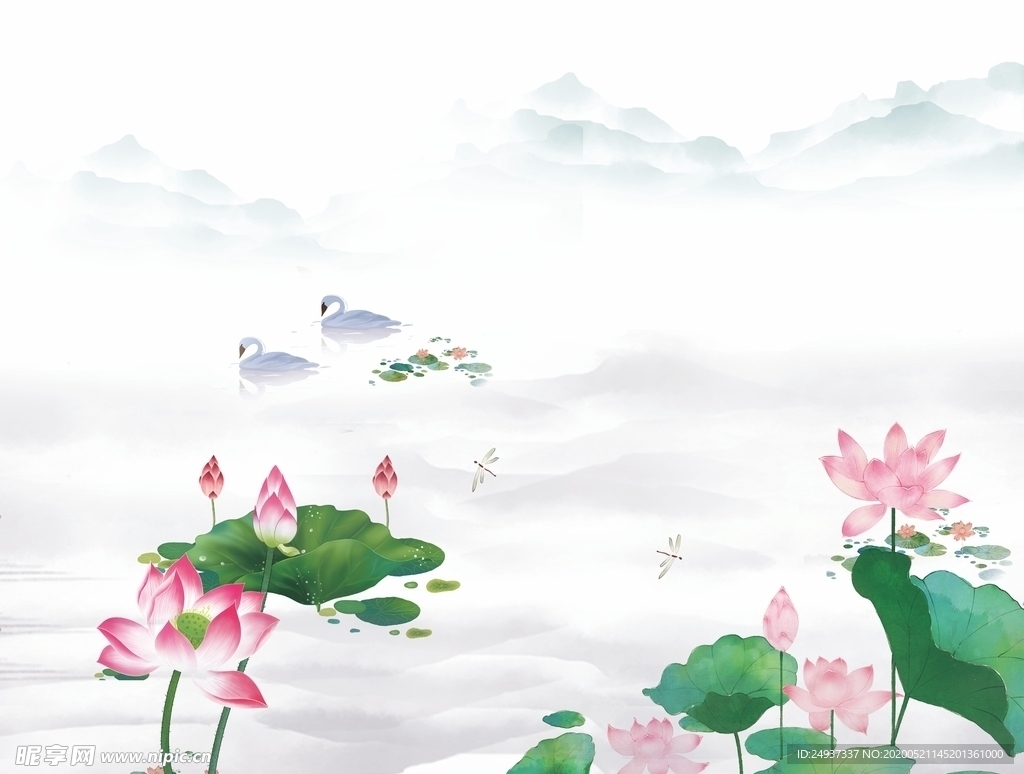 水墨江南 荷花荷叶 PSD素材