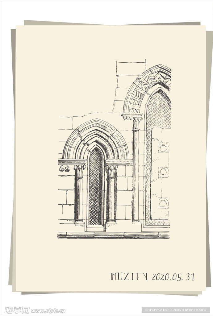 欧式复古石质窗棂手绘稿