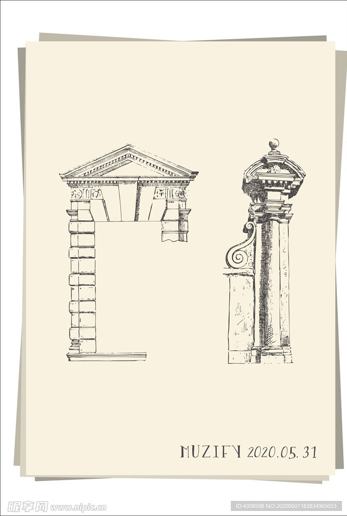 欧式复古石质窗棂手绘稿