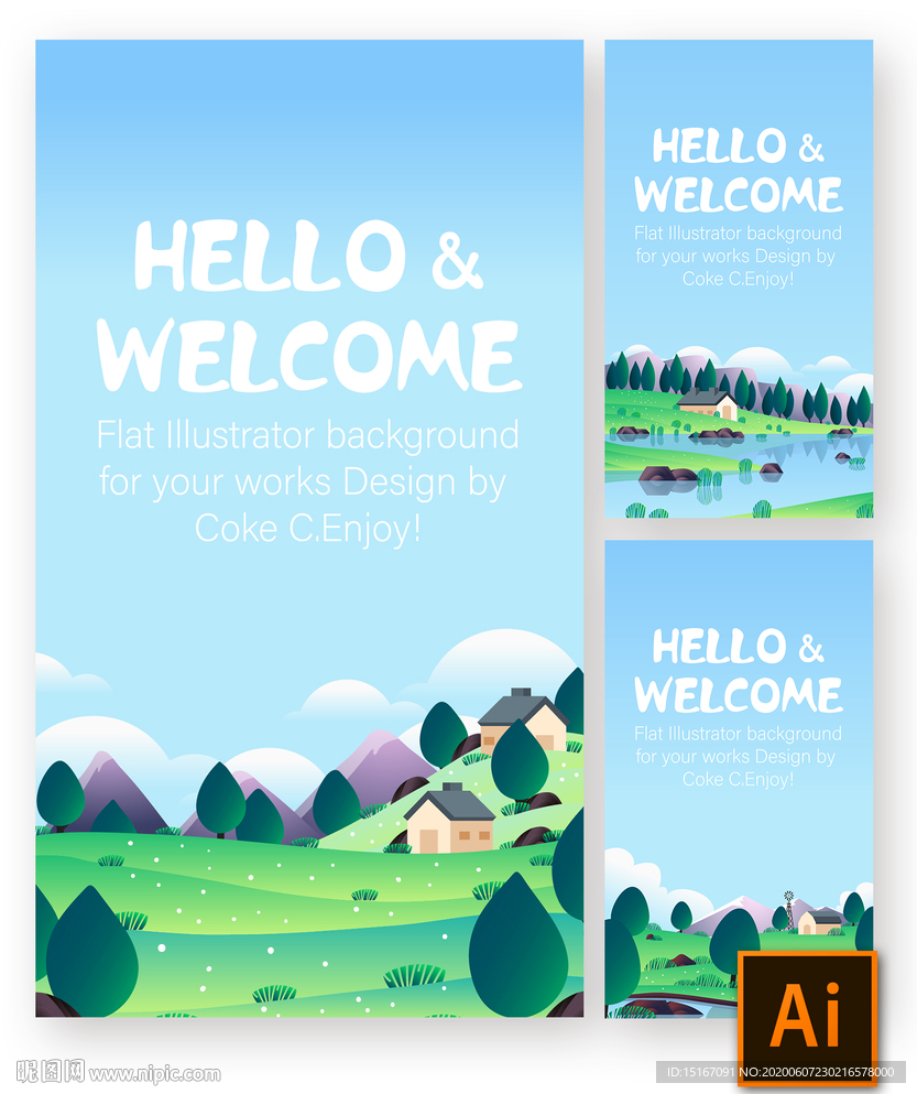 3款扁平春夏郊游风景矢量背景