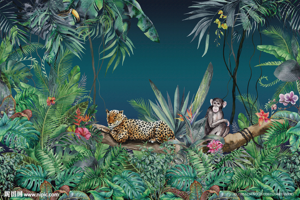 热带雨林老虎狮子猴子森林背景