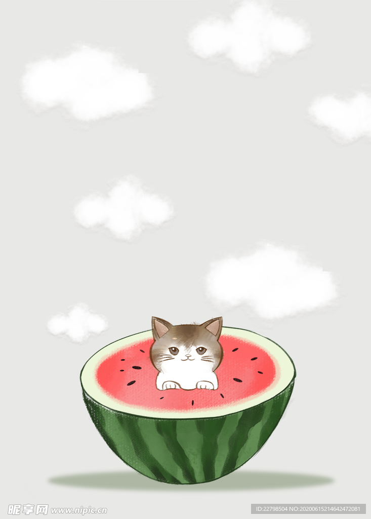 西瓜和猫咪手绘插画