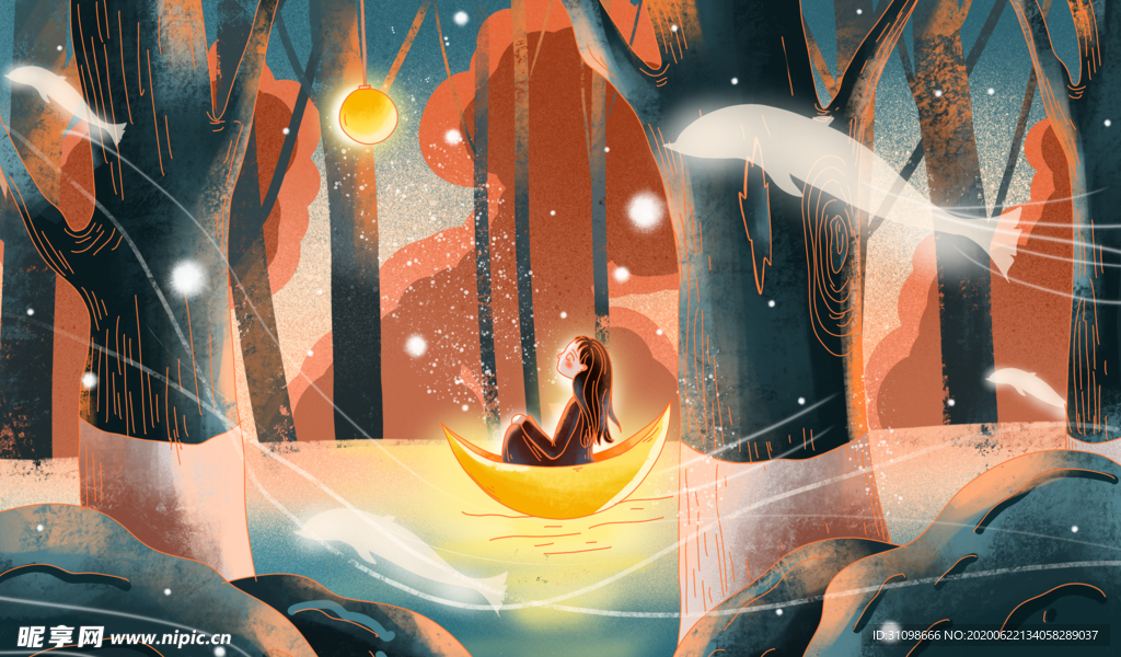 梦幻插画 少女手绘插画图片