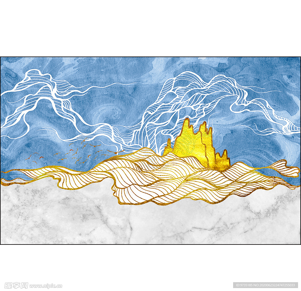 抽象线描金山云海