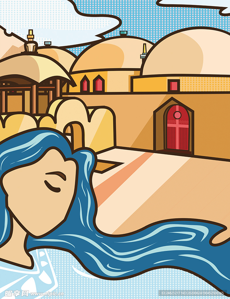 粗线条扁平风沙漠女人