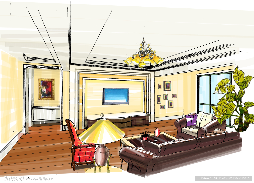 手绘 效果图欧式客厅