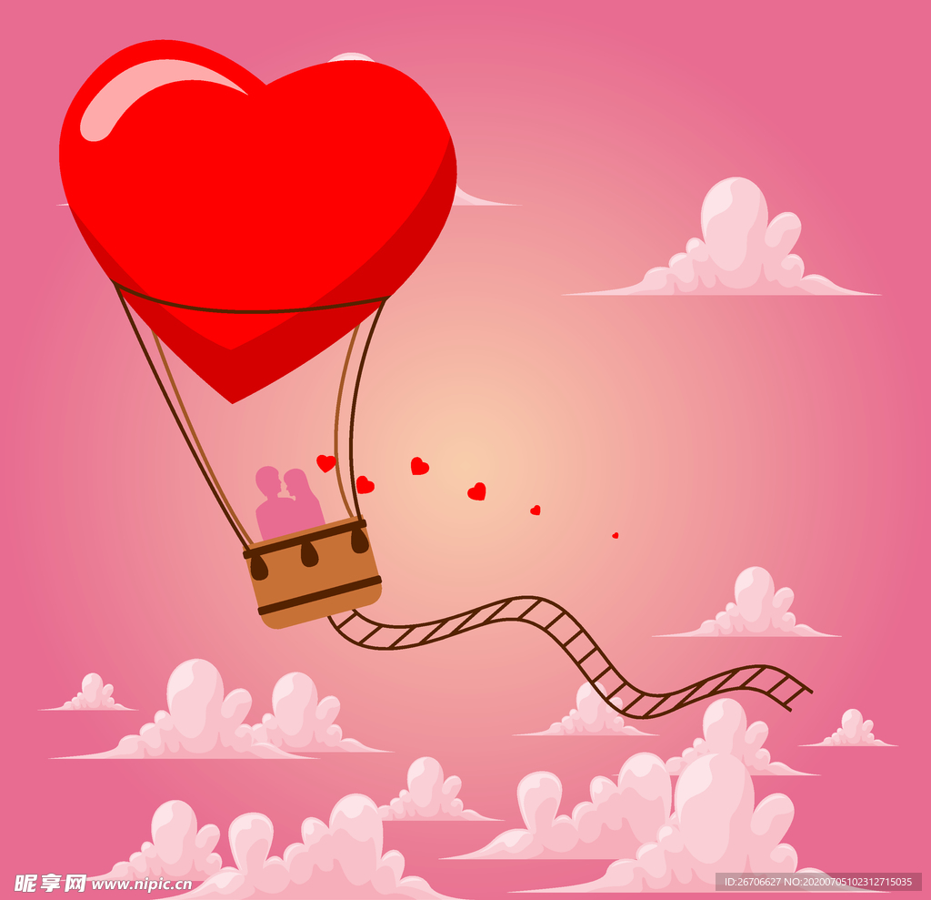 爱心唯美热气球场景插画