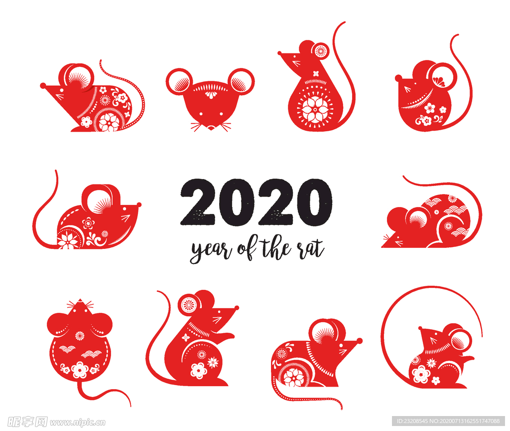 红色剪纸风老鼠元素