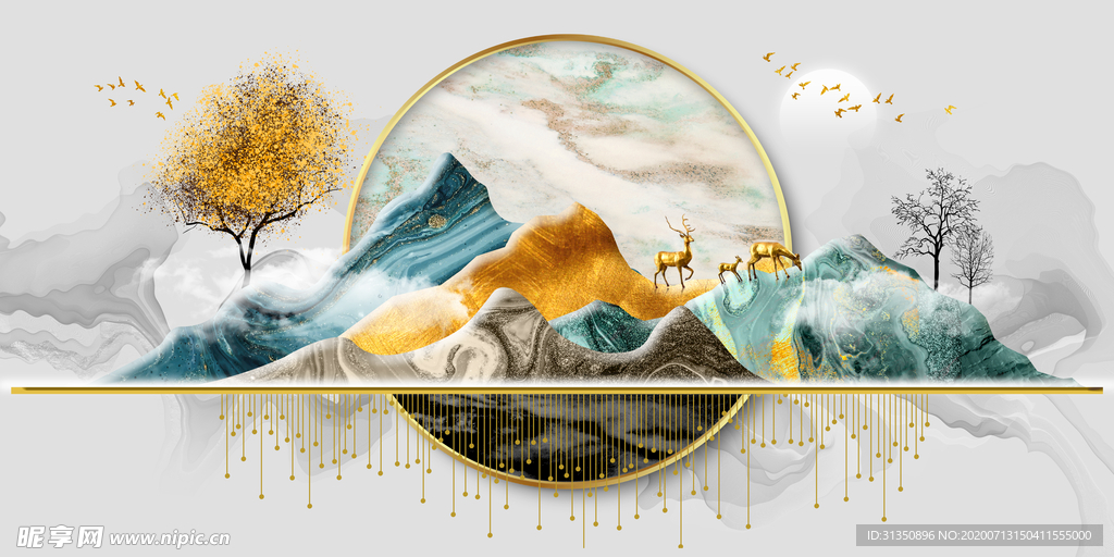 新中式圆形大理岩石纹装饰画