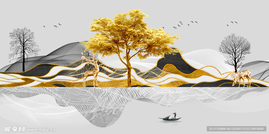 新中式鎏金金色山水麋鹿装饰画