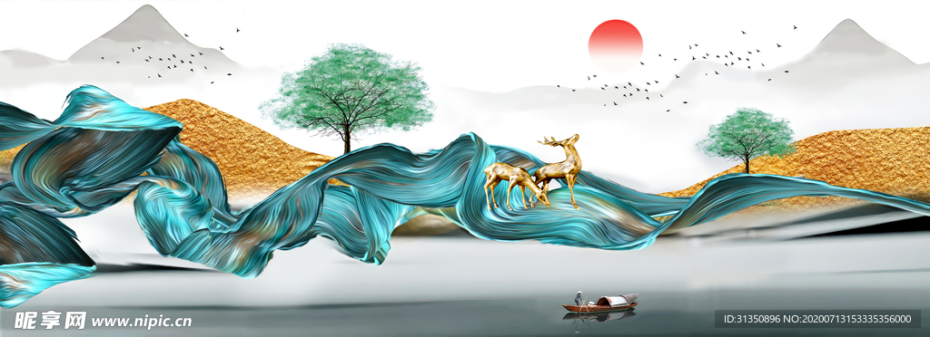 新中式飘带丝绸水墨山水装饰画