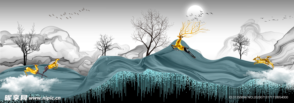 新中式云雾水墨山水麋鹿装饰画