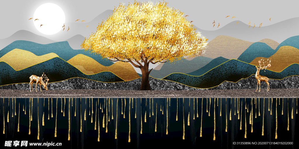 新中式鎏金线条山水麋鹿装饰画