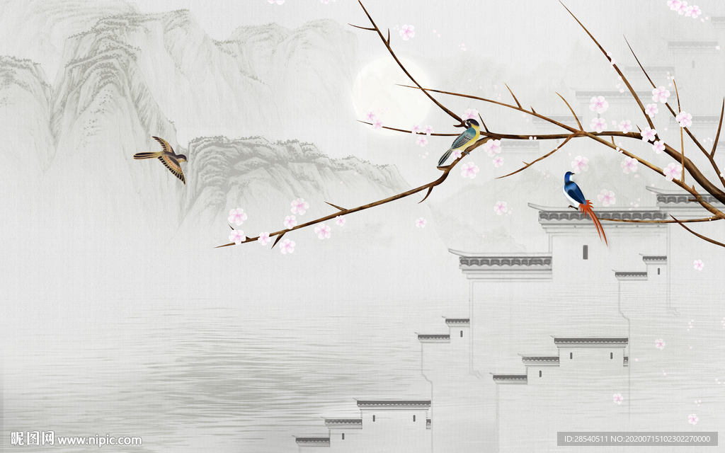 新中式梅花花鸟水墨山水图片