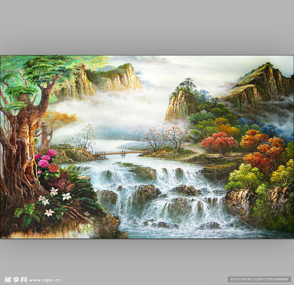 高山流水瀑布山水风景背景画