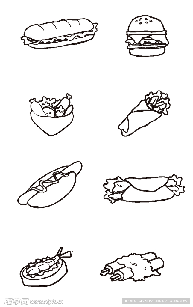 简约黑白线描汉堡美食