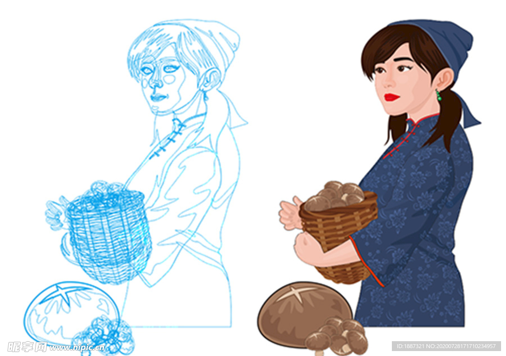 矢量手绘采蘑菇的姑娘