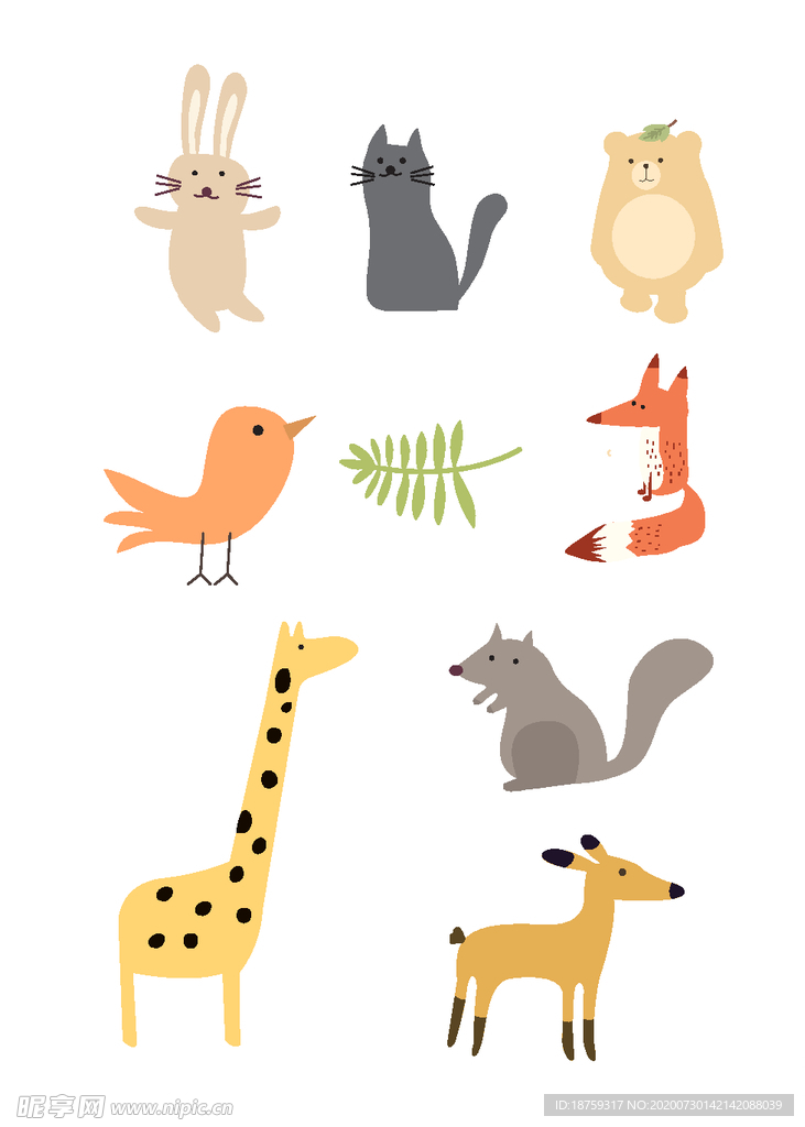 小动物大全手绘卡通扁平化插画