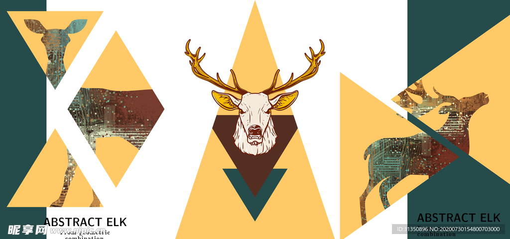 新中式手绘几何三角形麋鹿装饰画