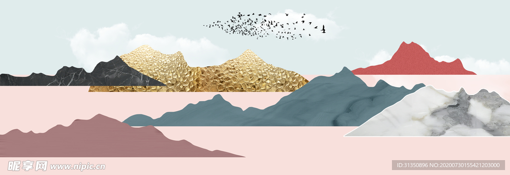 新中式粉色风景江南山水装饰画