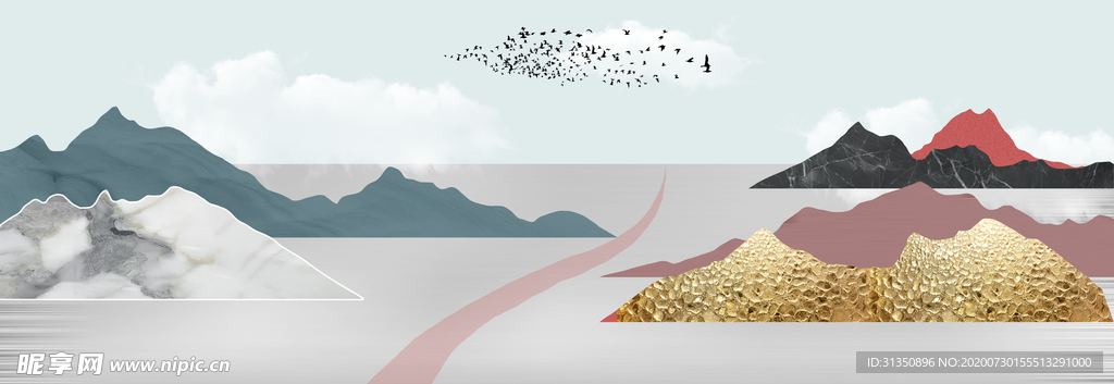 新中式爵士白金色色彩山水装饰画