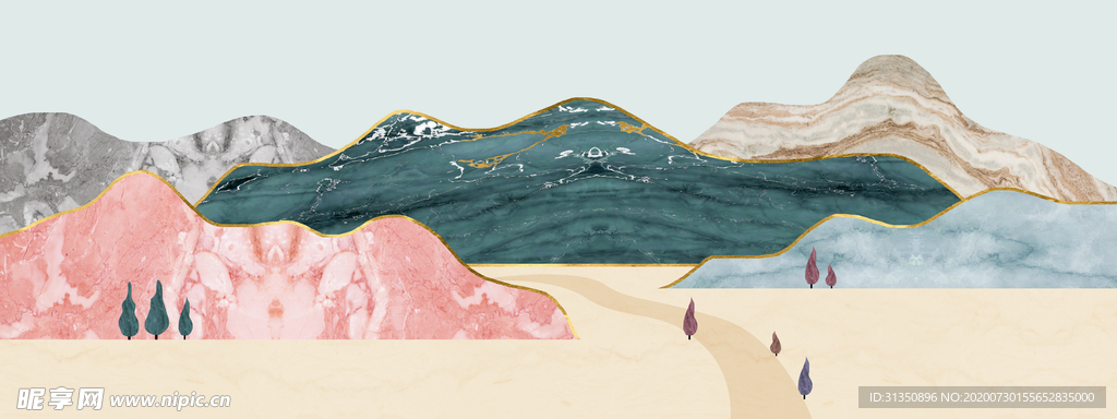 新中式粉色鎏金山水风景装饰画