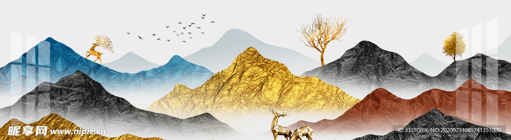 新中式手绘金色山水麋鹿装饰画