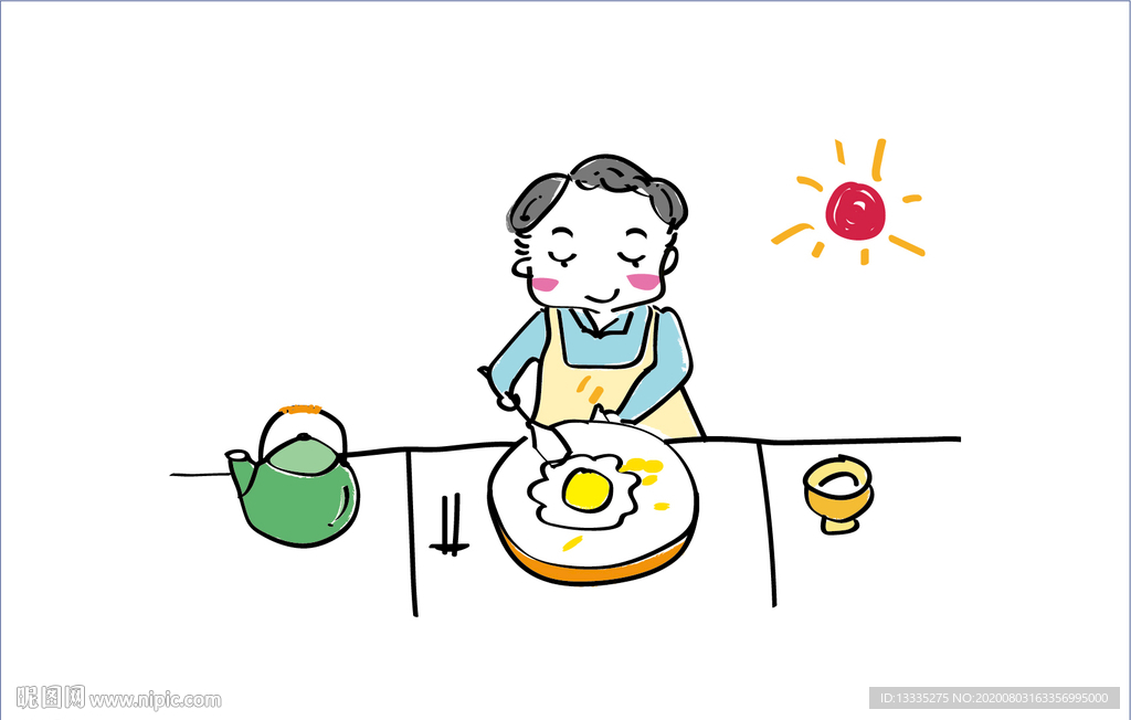 手绘风格 漫画 爸爸做早餐