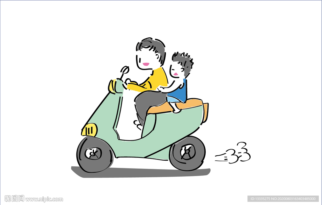 手绘风格漫画 爸爸骑车带儿子