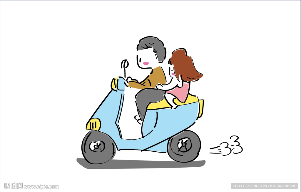 手绘风格漫画 爸爸骑车带女儿