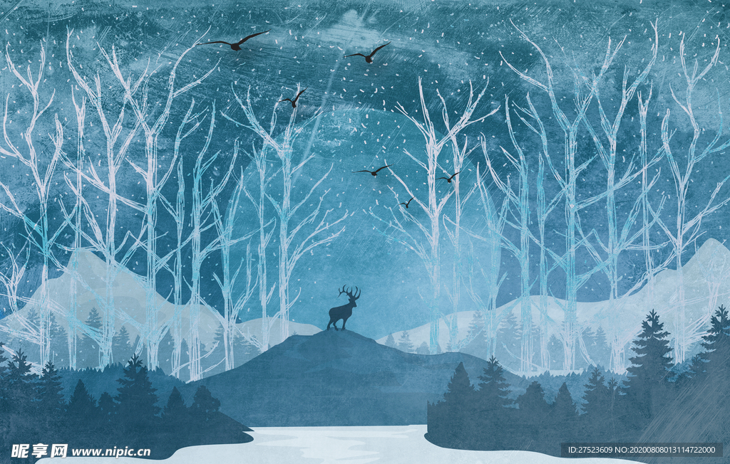 北欧无框画抽象麋鹿森林背景墙