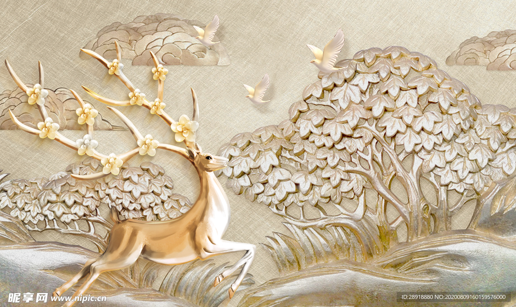 立体浮雕树小鸟金色小鹿电视背景