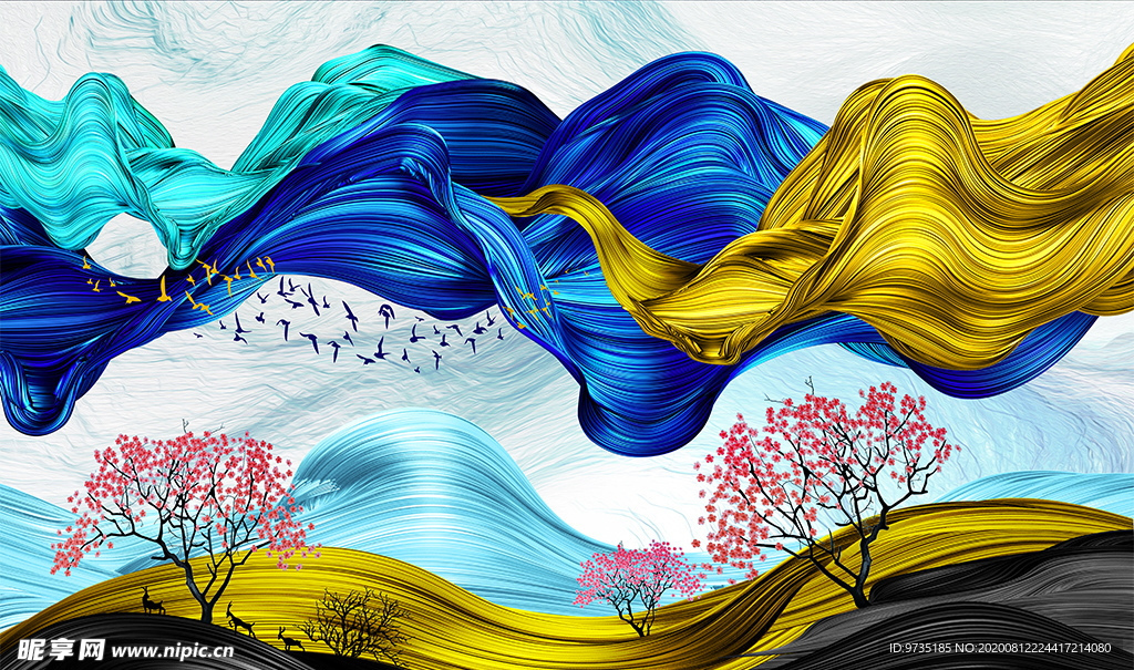 轻奢抽象曲线大树风景壁画背景墙
