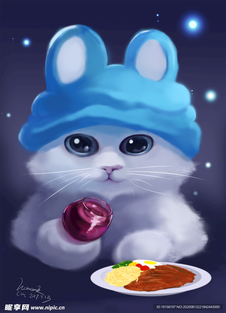 戴着蓝色帽子的小猫咪 插画