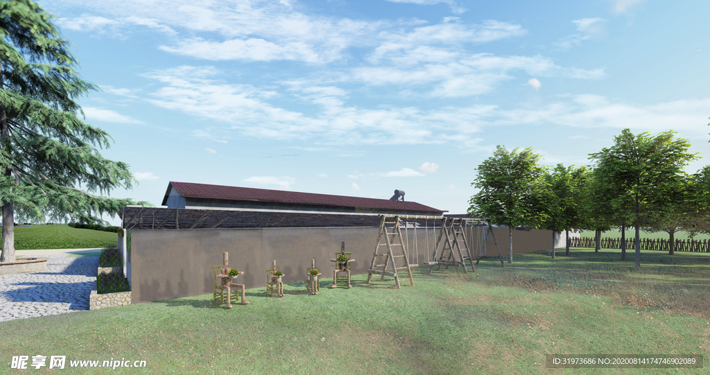 乡村中学景观效果鸟瞰图