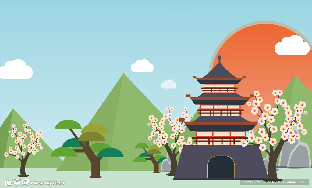 矢量小景插画日式樱花园素材