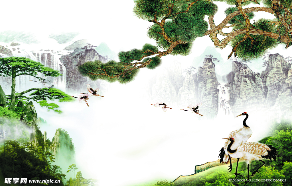 松鹤延年迎客松瀑布装饰图