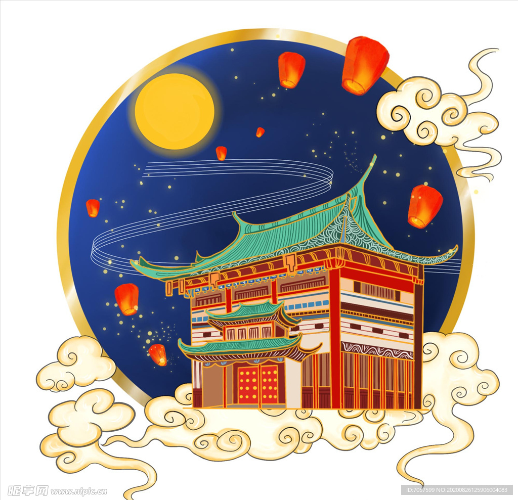 中秋古典建筑手绘工笔风建筑插画